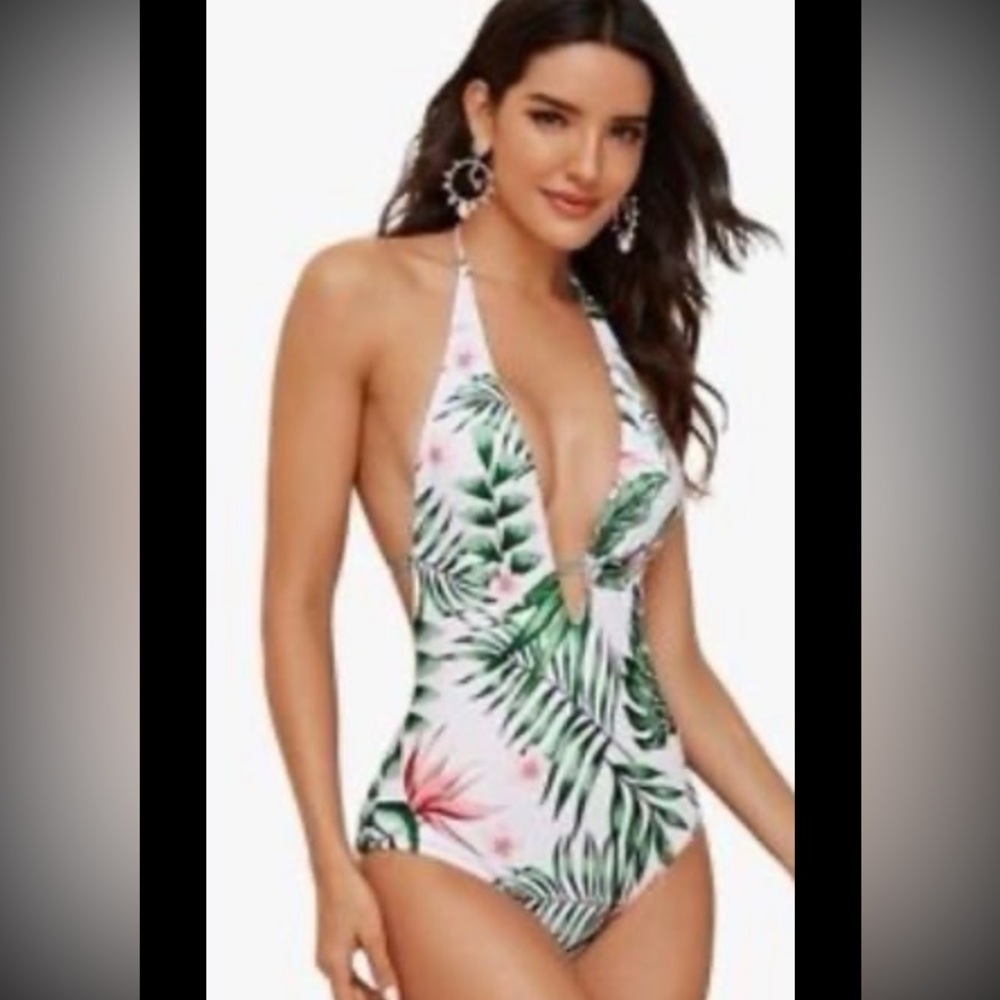 ❤️3X20 SHEIN Women tropical print halter one-piece swimsuit | M